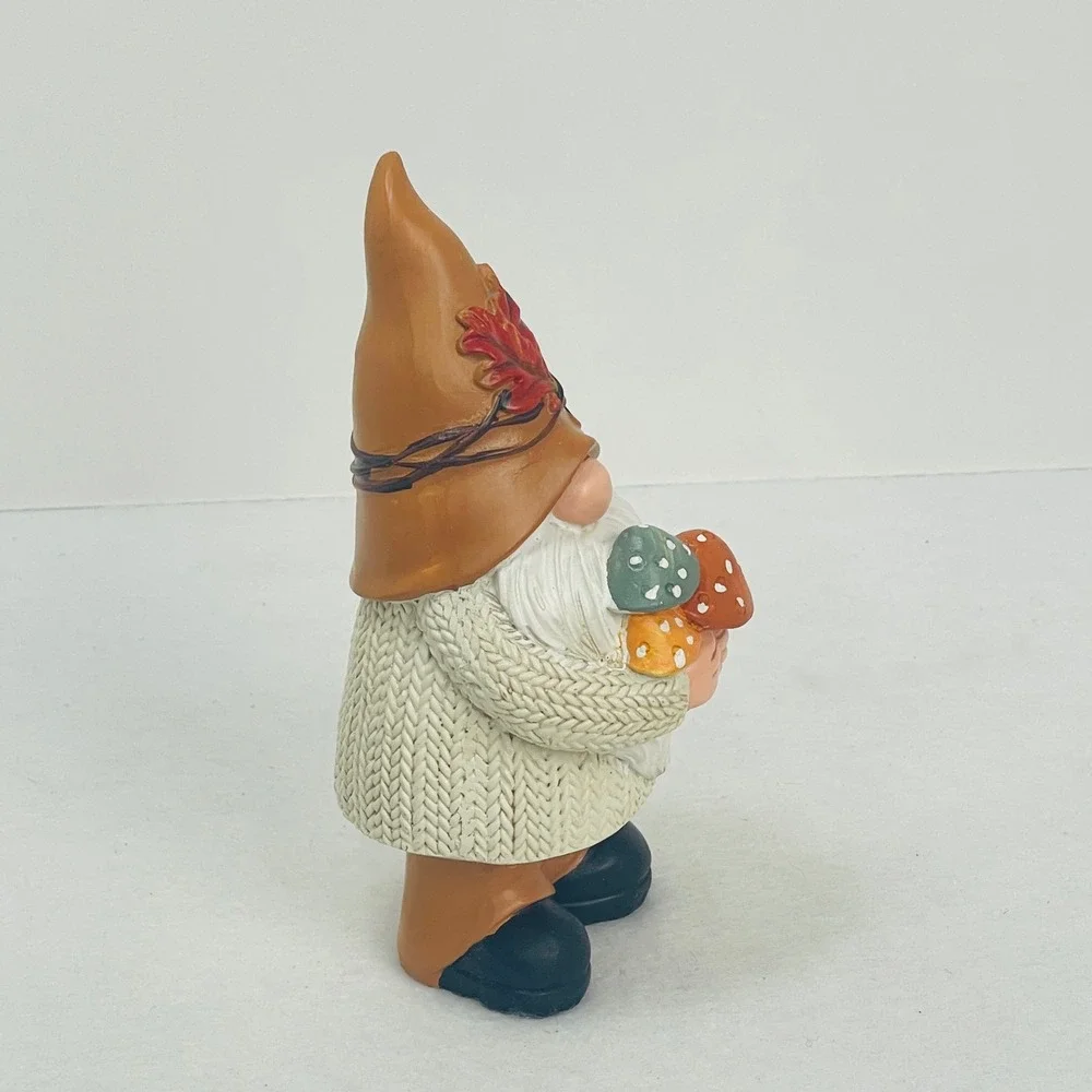 Fall Gnome Figurine Autumn Decor Cable Knit Sweater Mushrooms Brown Hat 6.5 Inch